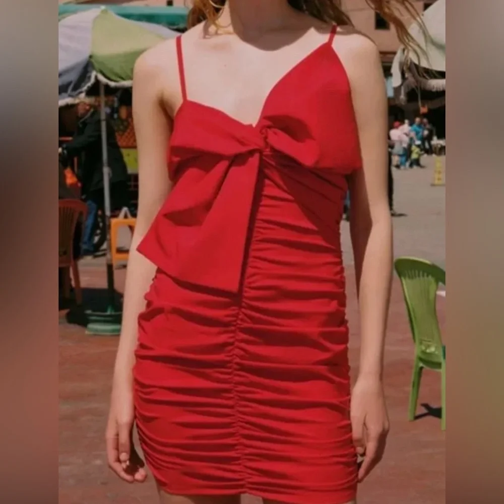 NWTags Zara red ruched‎ bow vneck mini dress size small